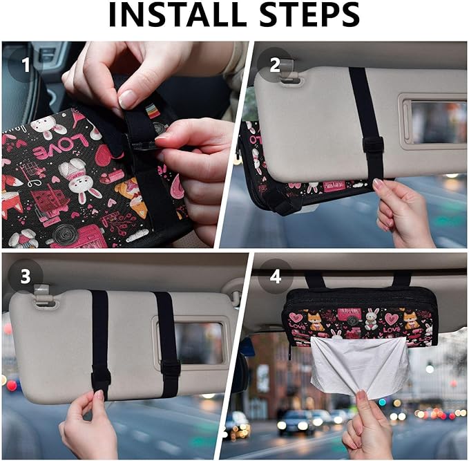 Car Tissue Holder Car Visor Organizer Tissue Box Holder for Car Sun Visor Organizer with Car Vehicle Accessories Essentials Interior for Women Men Valentines Fox Bunny Cars Black