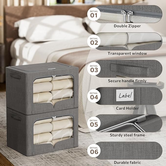 FHSQX 3 Pack Clothes Storage Bins - Foldable Metal Frame Storage Box - Stackable Linen Fabric Container Organizer Set with Ca