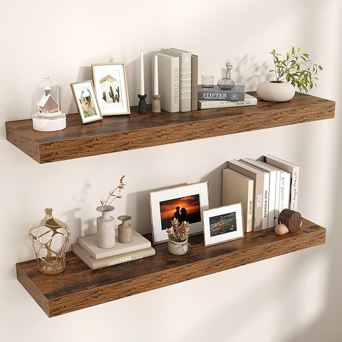 Floating Shelves for Wall, 48" W x 12" D x 2" H, 2 Pack of Long Wall Mounted Engineered Wood Shelves with Invisible Brackets 