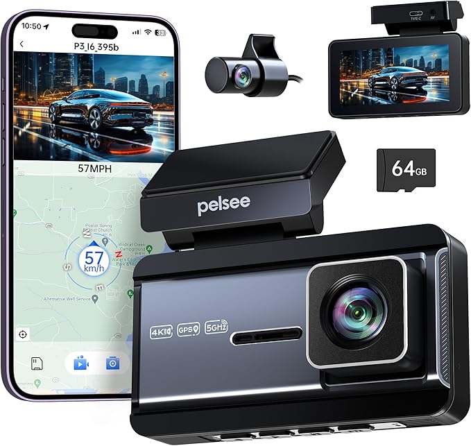 Pelsee P3 4K Dash Cam Front and Rear, 64GB SD Card, 4K+1080P Dual Dash Camera for Cars with Wi-Fi, GPS, ADAS, BSD, LCA, 3’’ I