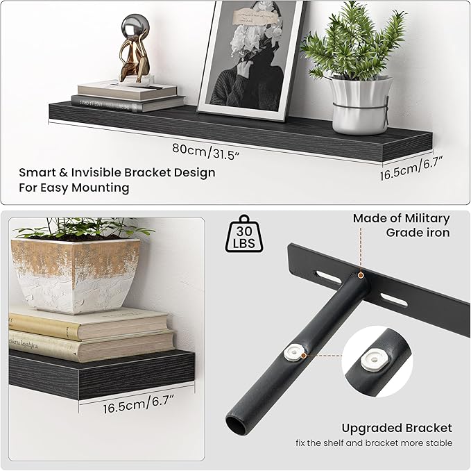 Heimlove Floating Shelves for Wall 32 Inch,Mounted Storage Wood Shelves with Invisible Brackets Hanging Shelf for Bedroom Liv