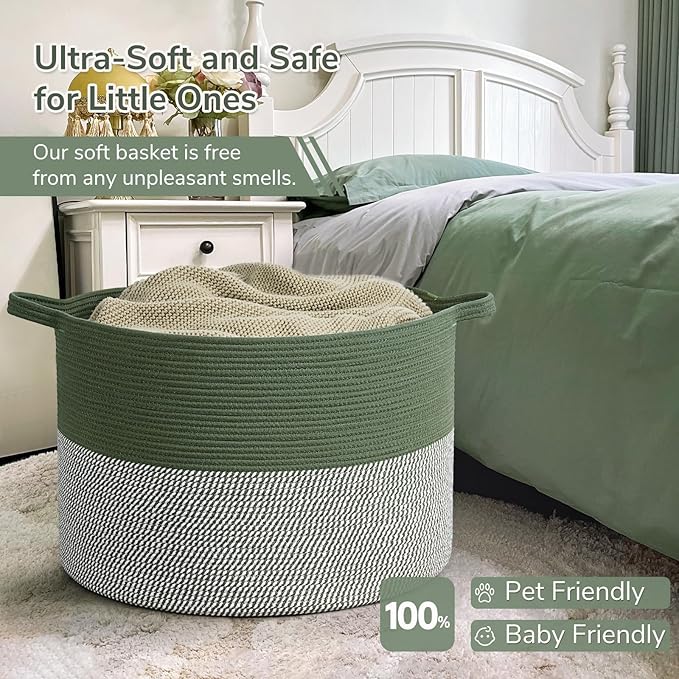 INDRESSME 115L Extra Large Cotton Rope Blanket Basket, Home Decor Laundry Storage Basket for Organizing Bedroom, Living Room,