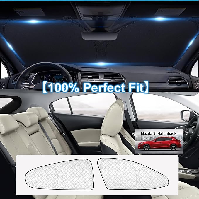 KMF 6pcs Thicken Sun Shades for Mazda 3 Hatchback (Not Sedan) 2014-2018 Accessories, Full Windshield Sunshade Car Window Covers for Side Rear, UV Block and Blackout Privacy for Camping