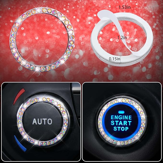 CAR PASS 23 PCS Bling Diamond Car Accessories Set for Women, Leather Car Seat Covers Full Set Sparkly Rhinestone15'' Steering Wheel Covers Shining Diamond Floor Mats Car Interior Sets, Multicolor