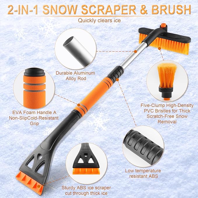 LivTee 32" Extendable Ice Scraper & Snow Brush for Car Windshield, 360° Rotating Snow Removal Tool for Cars, Trucks & SUVs, Automotive Winter Essentials & Car Accessories for Men, Orange