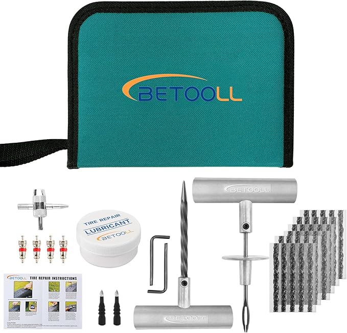 BETOOLL Tire Repair Kit, 44 Pcs Professional Heavy Duty Universal Emergency Flat Tire Repair Kit to Fix Punctures, for car Mo
