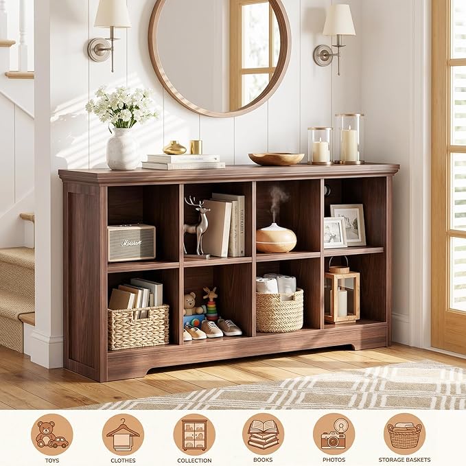 Aheaplus Wooden 8-Cube Storage Organizer with Charging Ports, Modern Cube Bookcase with Base, 3-Tier Floor Standing Open Cubb