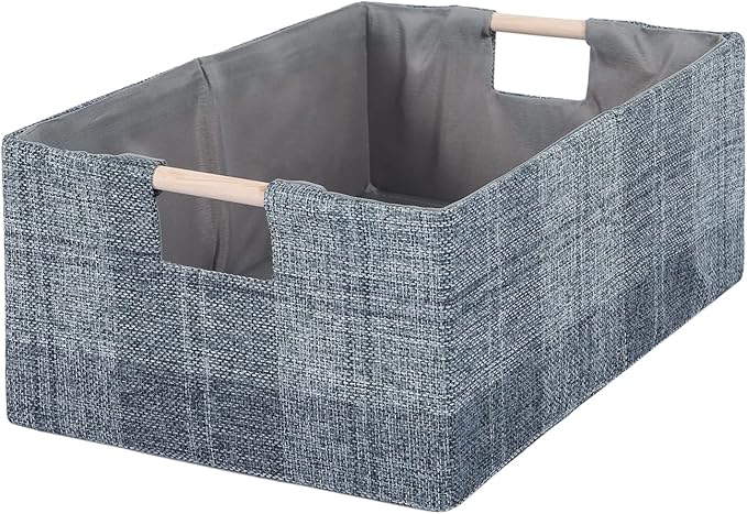 Fabric Storage Bin Box Collapsible Cotton Linen Storage Cube with Wooden Handles Rectangular Decorative Home Organizer Clothe