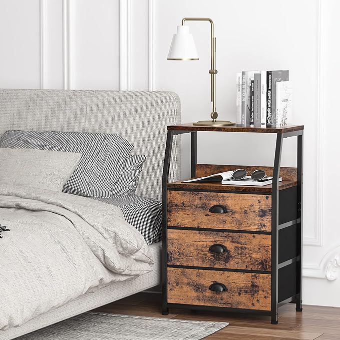 Furnulem Nightstand with 3 Drawers and 2-Tier Shelf, Fabric Small Dresser Organizer Vertical Storage Tower for Bedroom, Close