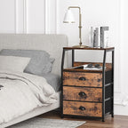 Furnulem Nightstand with 3 Drawers and 2-Tier Shelf, Fabric Small Dresser Organizer Vertical Storage Tower for Bedroom, Close