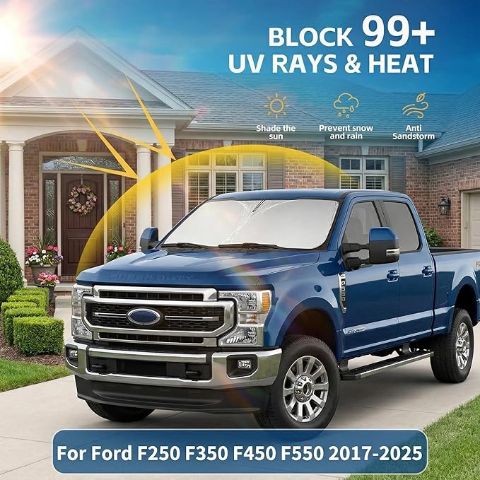 Windshield Sun Shade for Ford Super Duty F250 F350 2017-2025 Sunshade Front Window Shade Custom Fit F250 F350 Accessories Sun Visor Foldable Shade Blocks UV Rays Accessories