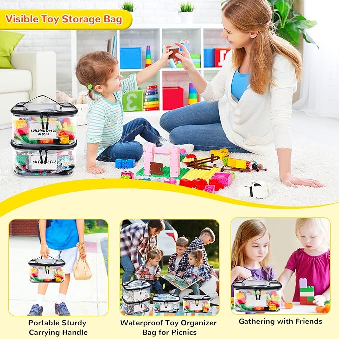 Tesuko 6 Pack Clear Toy Storage Bag with Name Tag& Manual Pocket, Waterproof Transparent PVC Toy Organizer Case for Lego Bric