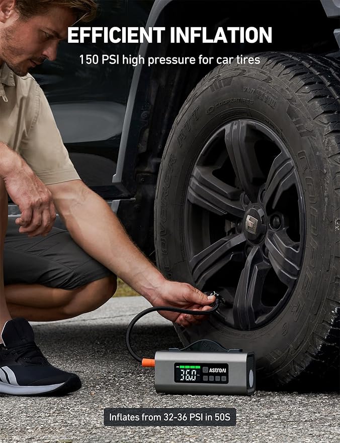 AstroAI 2500A Portable Car Battery Jump Starter with 150PSI Air Compressor 30W Quick Charger, 14800mAh Jump Box (7.5L Gas &