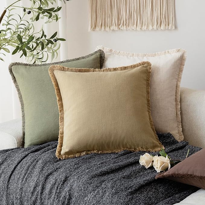 Foindtower Set of 2 Decorative Linen Fringe Throw Pillow Covers Farmhouse Cushion Cover with Tassels Lumbar Accent Pillowcase