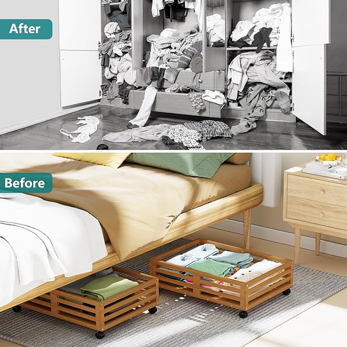 Wisuce Bamboo Under Bed Storage Containers- Underbed Organizer with Wheels with Large Dust Bag,Sturdy Wood Rolling Under the 