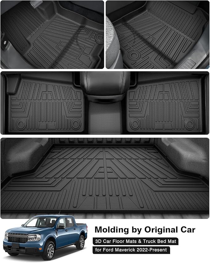 Powerty Floor Mats & Truck Bed Mat for 2022-2024 2025 2026 Ford Maverick Gas Model Accessories Floor Mats 2 Row Liner Set All Weather TPE 3D Floor Liners&Truck Bed Liner
