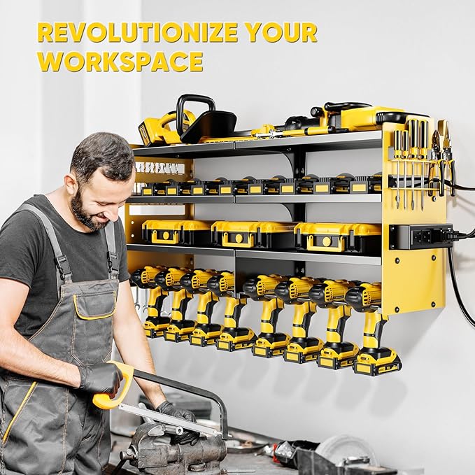 POKIPO Large Power Tool Organizer Wall Mount with Charging Station,4 Layer Heavy Duty Metal Storage Rack Loads 600lbs with 8 