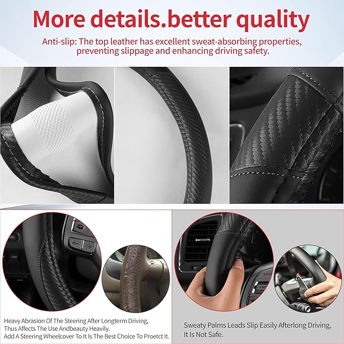 Non-Slip Car Nappa Leather Steering Wheel Cover,Universal Car Accessories Women Men Fit 14" 1/2-15" Suvs/Vans/Sedans/Cars/Tru