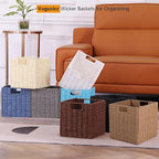 Vagusicc Wicker Storage Basket, Set of 2 Hand-Woven Paper Rope Wicker Baskets, Foldable Cube Storage Bins, Beige Storage Bask