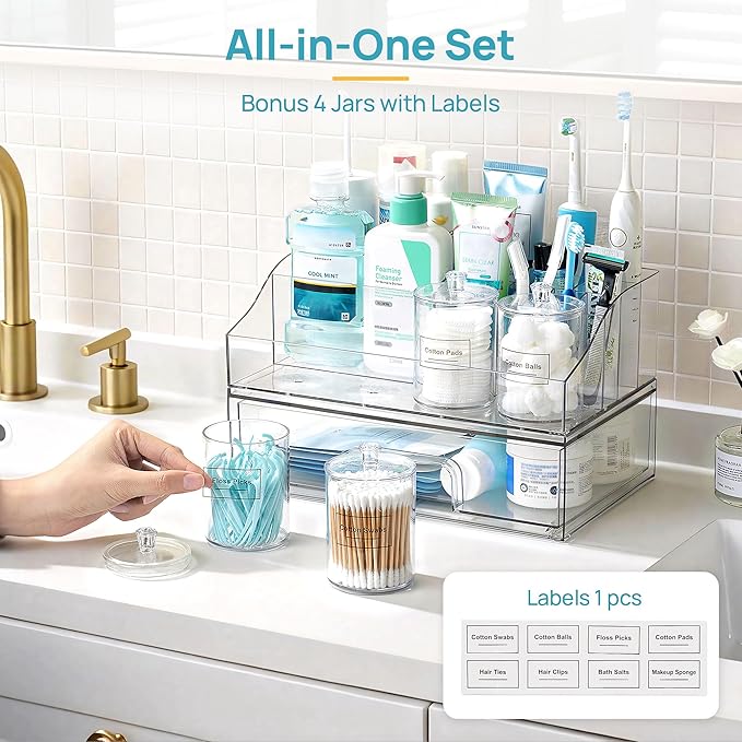 Vtopmart 6 PCS Bathroom Countertop Organizer, 1 Divided Tray with 4 Qtip Holder Jars and 1 Drawers, Restroom Clear Organizers