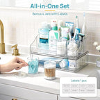 Vtopmart 6 PCS Bathroom Countertop Organizer, 1 Divided Tray with 4 Qtip Holder Jars and 1 Drawers, Restroom Clear Organizers