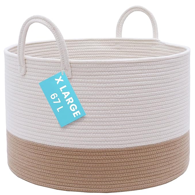 OrganiHaus Large Woven Storage Basket for Blankets and Toys 20" x 13" Inch, Rope Laundry Basket with Handles, Cushions & Pill