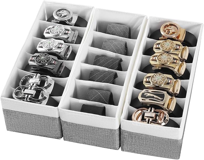 3 Packs Fabric Belt Organizer, 6 Grids Belt Organizer for Closet and Drawer, Foldable Dresser Drawer Organizers, Tie Storage 