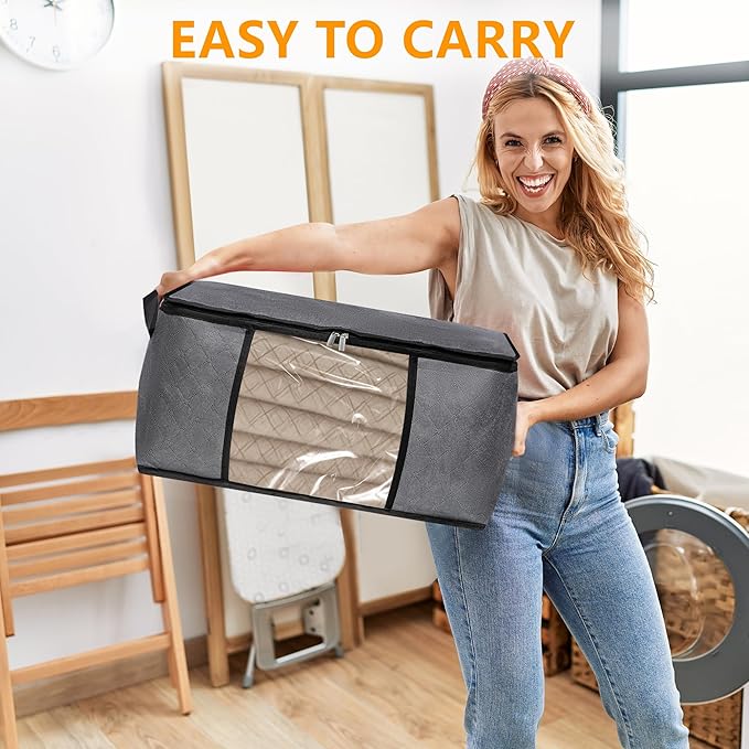 8 Pack Clothes Storage Bags with Zipper, 45L Foldable Blanket Storage Bag with Clear Window Sturdy Handles for Closet, Dorm, 