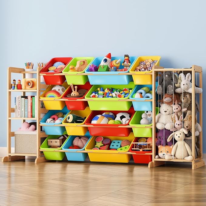 Storage Organizer with Bookshelf and Stuffed Animal Storage - Playroom Organization with Shelves and 12 Bins - Living Room Bo