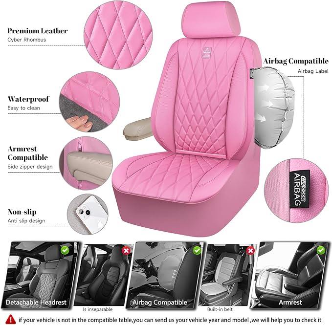 CAR PASS Piping Luxury Leather Two Front Car Seat Covers, Cute Girly Waterproof Anti Slip Seat Covers Compatible with Front S