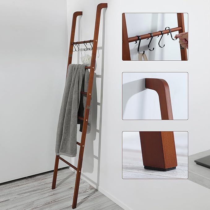 Taozun 6-Tier Wood Blanket Ladder for Living Room, Rustic Wooden Farmhouse Quilt Ladder with 4 S-hooks, 66-Inch Wall Leaning 