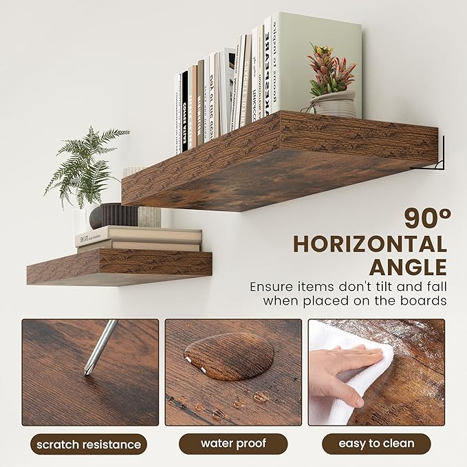 30 Inch Floating Shelves | 12 Inch Deep Brown Floating Shelves | 30" W x 12" D Rustic Wood Shelves for Wall | Deep Brown Shel