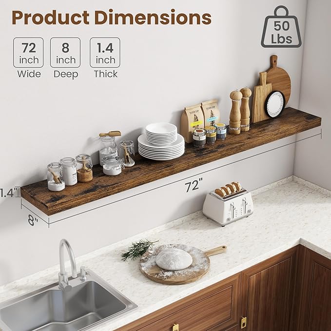 72 Inch Floating Shelves for Wall, 8 Inch Deep Floating Shelf for Storage & Display, Wall Mounted Shelf with Invisible Bracke