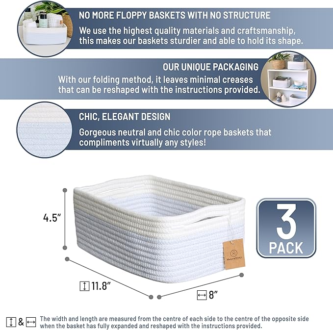NaturalCozy 11.8"x8"x4.5” Rectangle Storage Baskets for Shelves 3 Pack | Cotton Rope Woven Small Baskets for Organizing | Sma