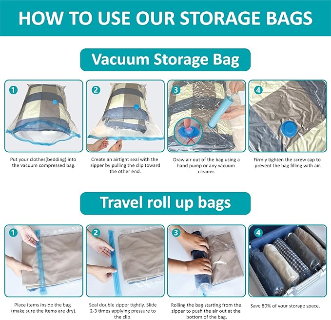 Cozy Essential Vacuum Storage Bags, 80% Compression Vacuum Seal Space Saver Plastic Packaging Bags for Clothes, Blankets, Pil