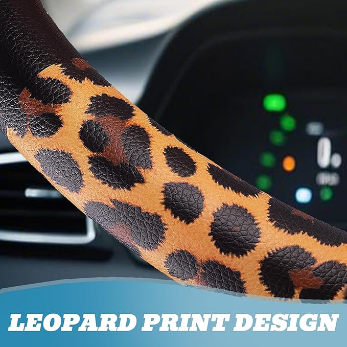 Universal Leather Leopard Cheetah Steering Wheel Cover Women 14.5-15 inch Leopard car Accessories Western Anime Brown Cute Wh