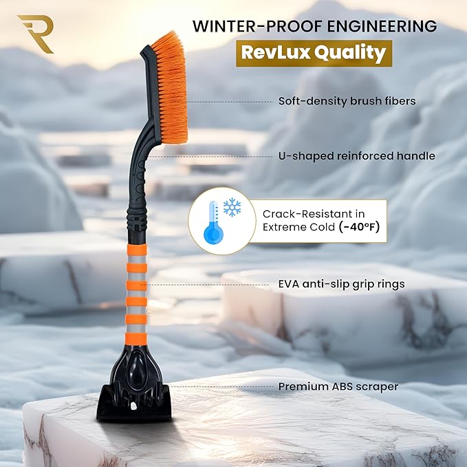 RevLux 27” Snow Brush and Ice Scraper for Car Windshield – Heavy Duty Snow Remover for Cars, SUVs & Trucks | Soft Non-Scratch Bristles | Detachable ABS Ice Scraper | Winter Windshield Cleaning Tool