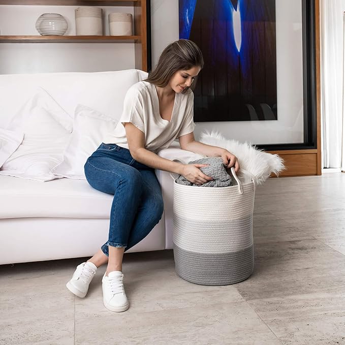OrganiHaus Large Gray Woven Laundry Basket w/Handles 52L, Rope Dirty Clothes Hamper, Blanket Basket for Living Room, Baby Lau