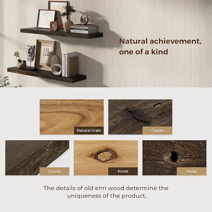 Dreamland Rustic Wood Floating Shelves for Wall Decor, Elm Wood Shelves 48 Inch Long, 8 Inch Deep Floating Shelf for Living R