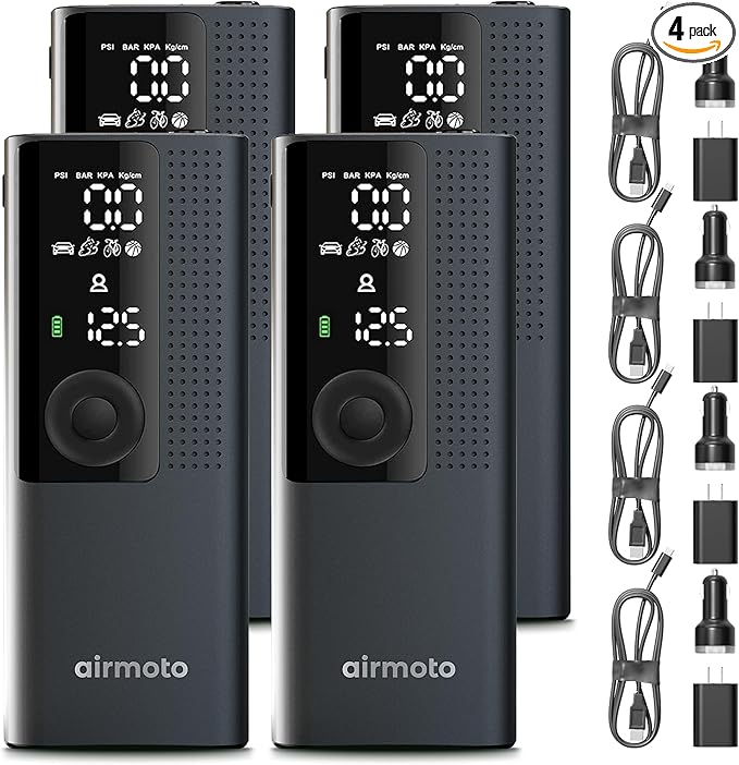 Airmoto and Power Kit Bundle Deal - 4 bundle - Tire Inflator Portable Air Compressor with Power Kit for Charging on The Road - Cordless Air Pump for Car Tires, Motorcycle, Bicycle, Balls (Pack of 4)