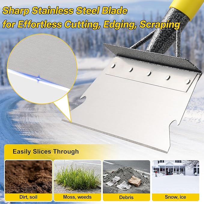 Garden Flat Shovel,60” Ice Scraper,Snow Shovel for Driveway, Stainless Steel Multifunctional Cleaning Shovels Chopper Floor Scraper for Outdoor Walkway Car Snow Ice Weeds Moss Removal