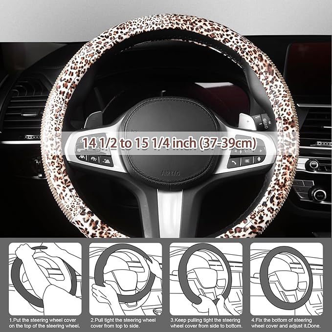 AUTOYOUTH Leopard Print Steering Wheel Cover - Bling Crystal Rhinestones Cheetah Print on PVC Leather Non-Slip Breathable Des