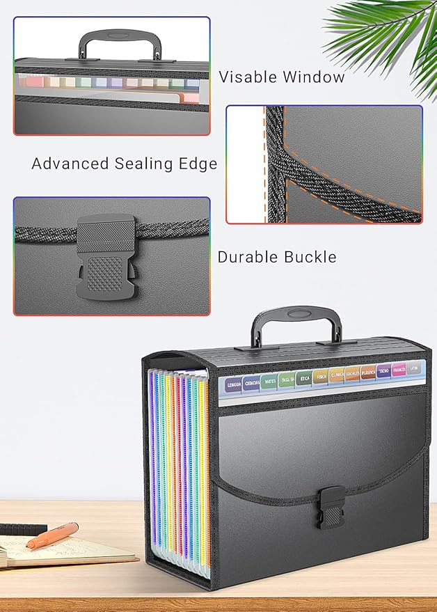 TOPCJ Accordion File Organizer,Expanding File Folder Portable Filing Folders,13 Pockets File Box with Handle for Documents,Sp