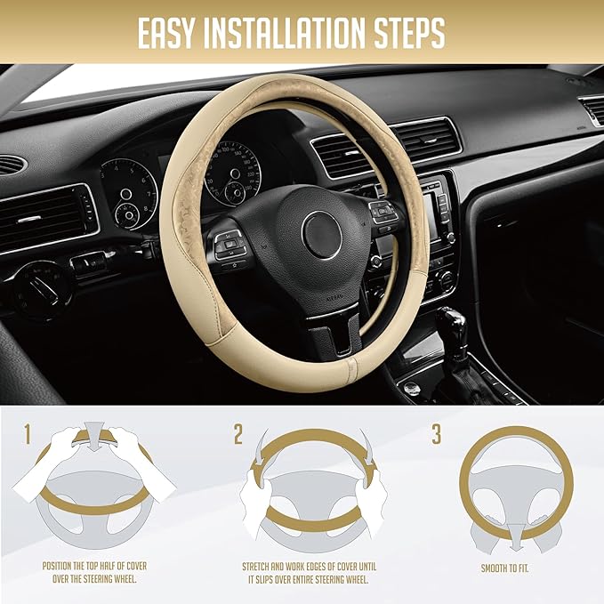 PIC AUTO Steering Wheel Cover, Gold Patterned Leather Patchwork Design, Universal Fit 14.5"–15.5", Anti-Slip, Odor-Free, Soft