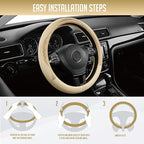 PIC AUTO Steering Wheel Cover, Gold Patterned Leather Patchwork Design, Universal Fit 14.5"–15.5", Anti-Slip, Odor-Free, Soft