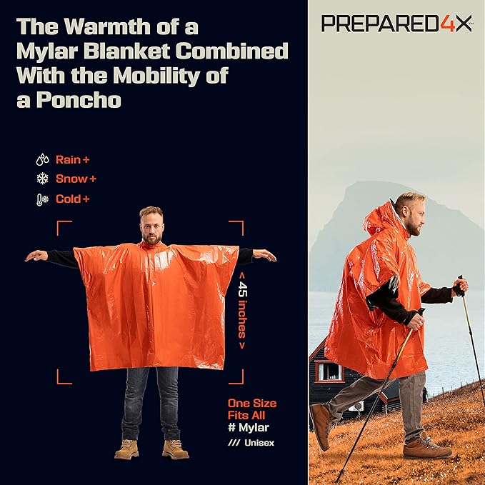 PREPARED4X Emergency Mylar Poncho – Survival Rain Poncho with Hood – Lightweight, Compact, Reusable Emergency Blanket Poncho 