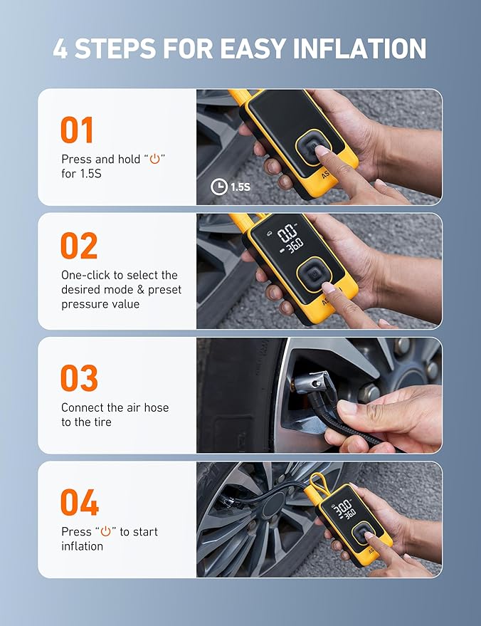 AstroAI L7 Air Tire Inflator Portable Air Compressor, 150PSI Electric Cordless Car Pump with Fast 1-min Inflation, Auto Shutoff, LED Light – Rechargeable for Car, SUV, Motorcycle, Bike Tires, Yellow