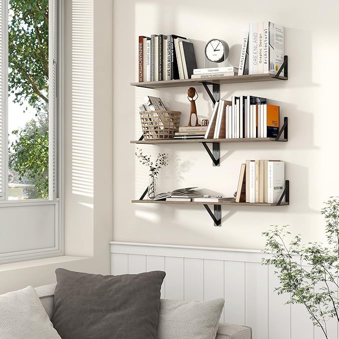 Axeman Floating Shelves for Wall, 16W x 8D Floating Shelves Set of 2, 8 Inch Deep Rustic Grey Wood Wall Mounted Shelves for F