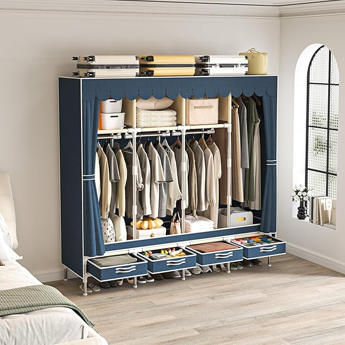 Portable Wardrobe with 4 Drawers and 3 Shelves, 67 Inch Large Capacity Freestanding Wardrobe Hanging Organizer with Lid for B