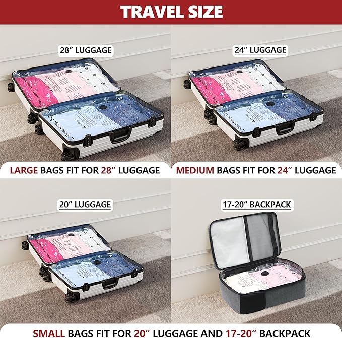 Vacuum Bags for Travel with Rechargeable Pump, 8 Large Compression Packing Seal Bags for Luggage Suitcase, Space Saver for Cl